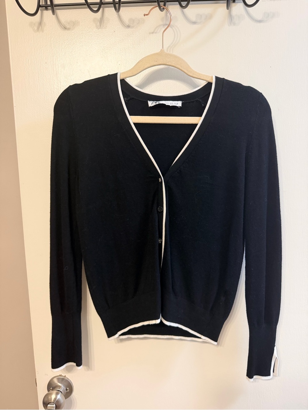 Zara Black V-Neck Cardigan with White Trim - Women Sweater